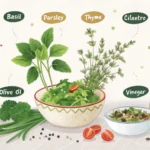 Fresh herbs like basil, parsley, and thyme laid out for making dressing