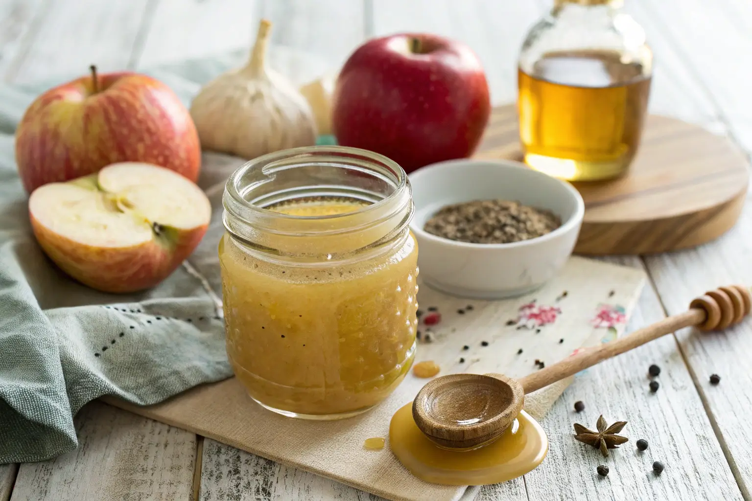 Apple cider vinaigrette in a glass jar with olive oil and garlic