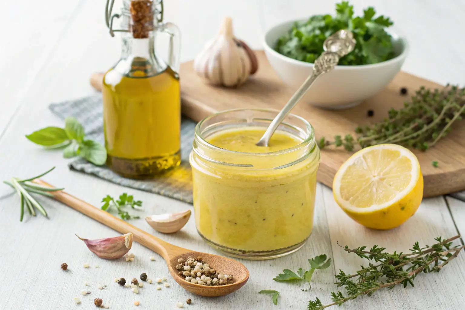 The Creamy & Totally Salt-Free Dijon Vinaigrette Recipe 2 Low-sodium Dijon dressing in a small jar with herbs around
