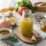 Homemade apple cider dressing with no salt on rustic wooden board