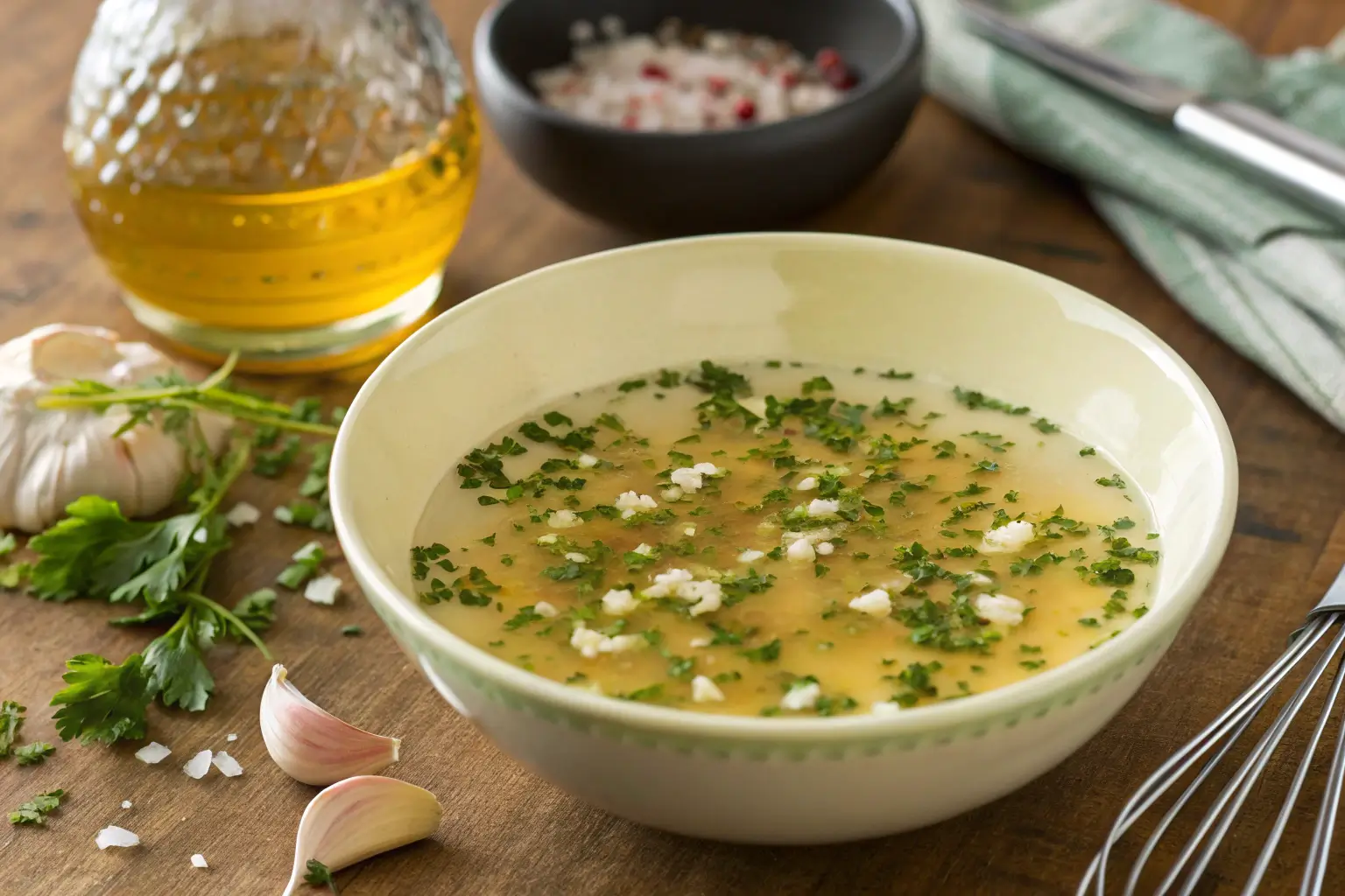 Homemade garlic vinaigrette in a glass jar with fresh ingredients