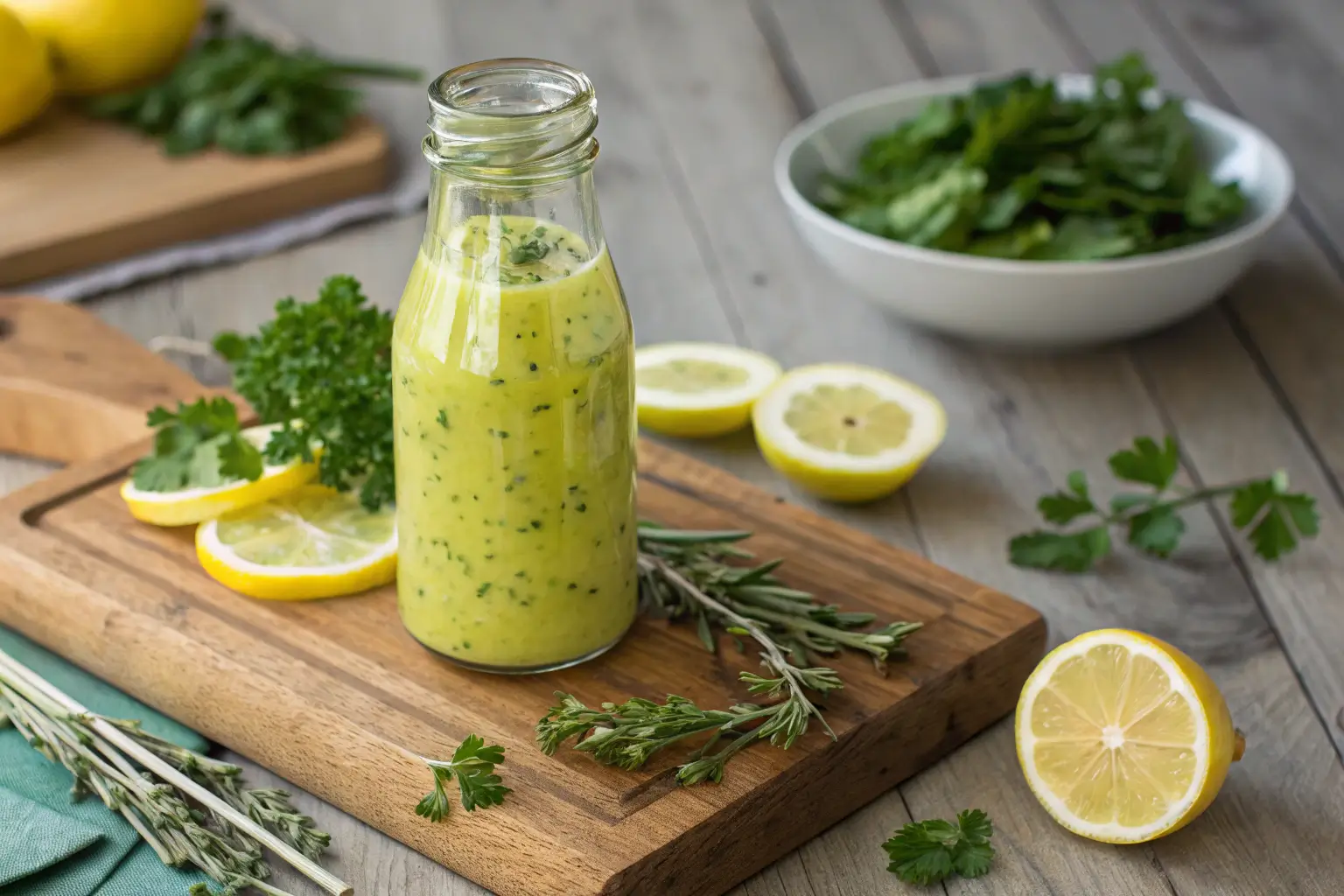 Lemon-Herb A small glass jar of lemon-herb vinaigrette surrounded by fresh herbs, lemon slices, and a bowl of green salad.