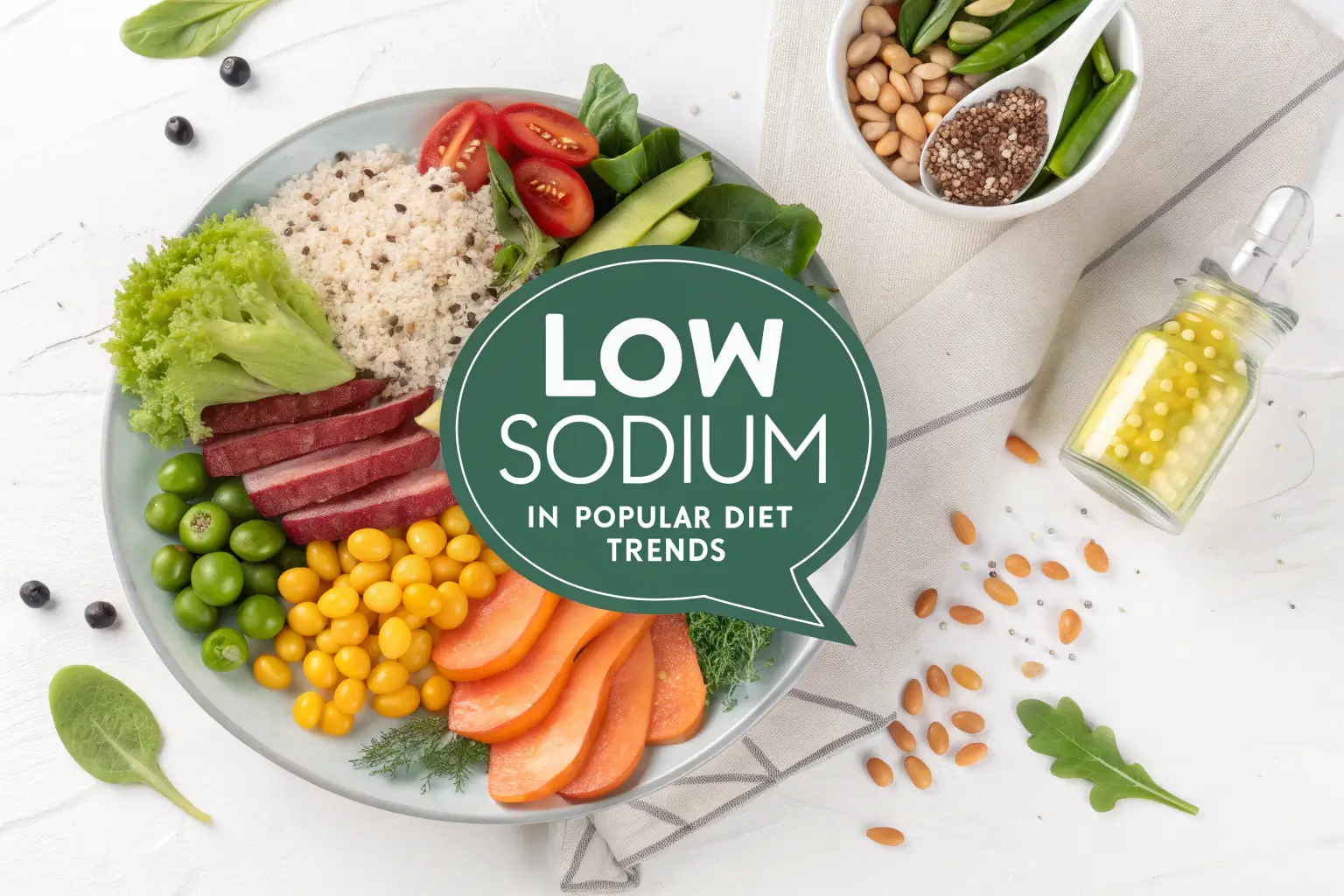 Home 6 Icons for keto, DASH, Mediterranean, and plant-based diets around a salt shaker