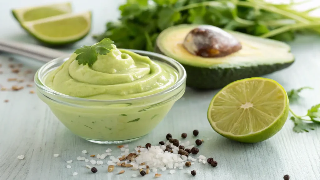 Creamy Low-Sodium Dressing Recipes: Flavor Without the Salt! 3 a small glass bowl of creamy avocado lime dressing