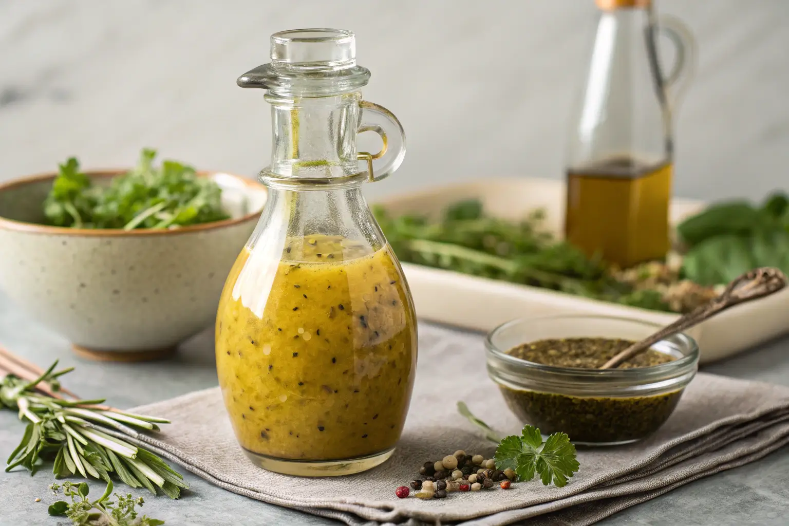 Glass jar of homemade basic vinaigrette on a wooden table with salad ingredients in the background.