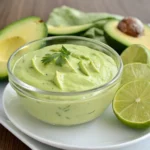 Creamy Avocado Lime Dressing 3 Pouring creamy avocado lime dressing over a fresh green salad