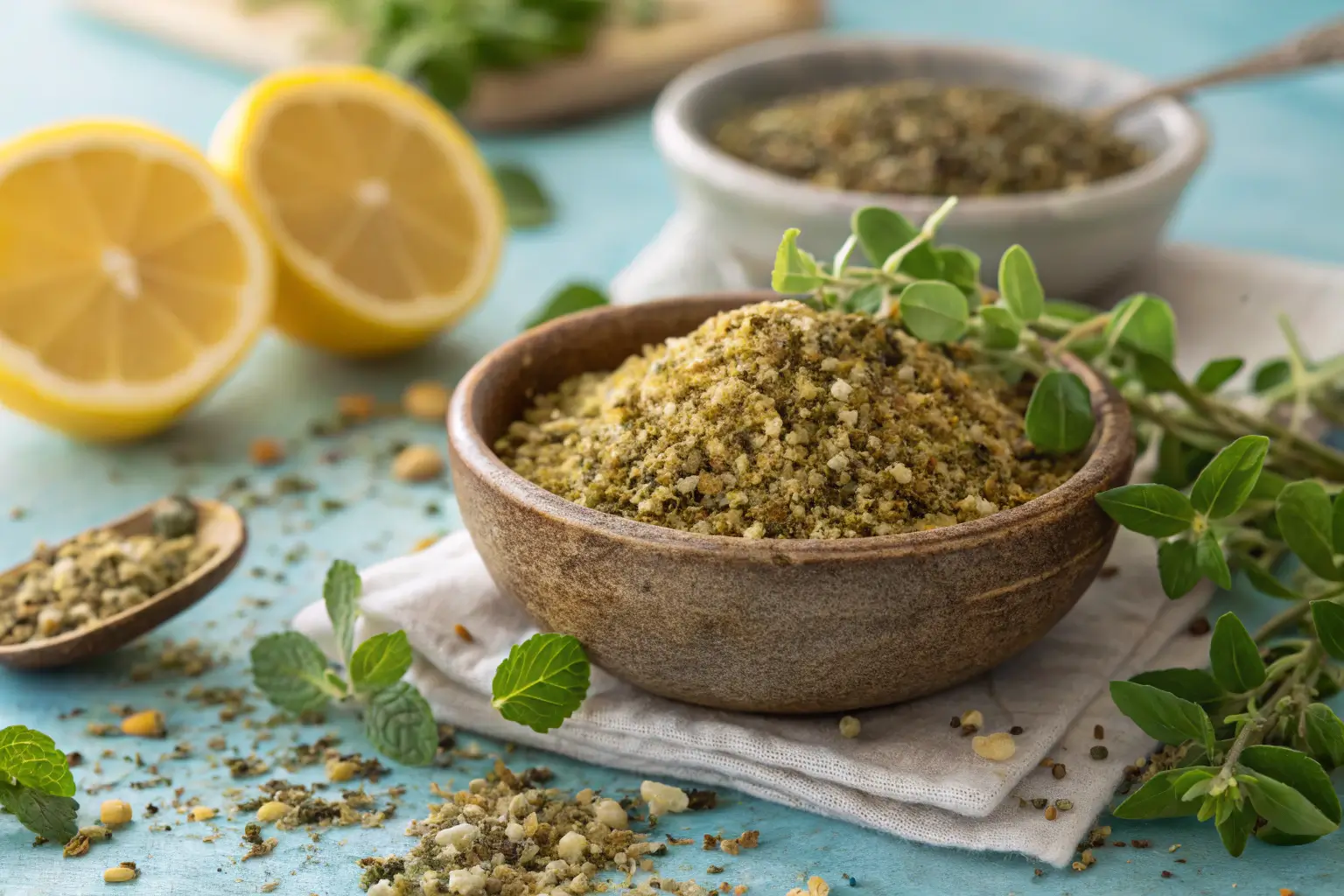 Home 2 Salt-free Mediterranean lemon-oregano blend in a small bowl, surrounded by fresh herbs and a sliced lemon