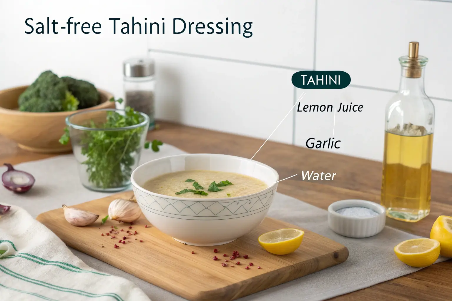Pouring creamy, salt-free tahini dressing over a colorful salad.